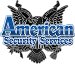 Blue, black and white american security services logo over a black eagle