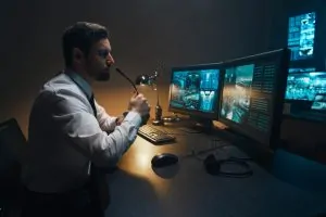 Professional security Support Specialists and System security Working on Computers in Monitoring Control Room with Digital Screens with Server Data, Blockchain Network and Surveillance Maps.