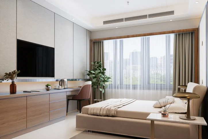 Modern Hotel Room With Double Bed, Night Tables, Tv Set And Cityscape From The Window